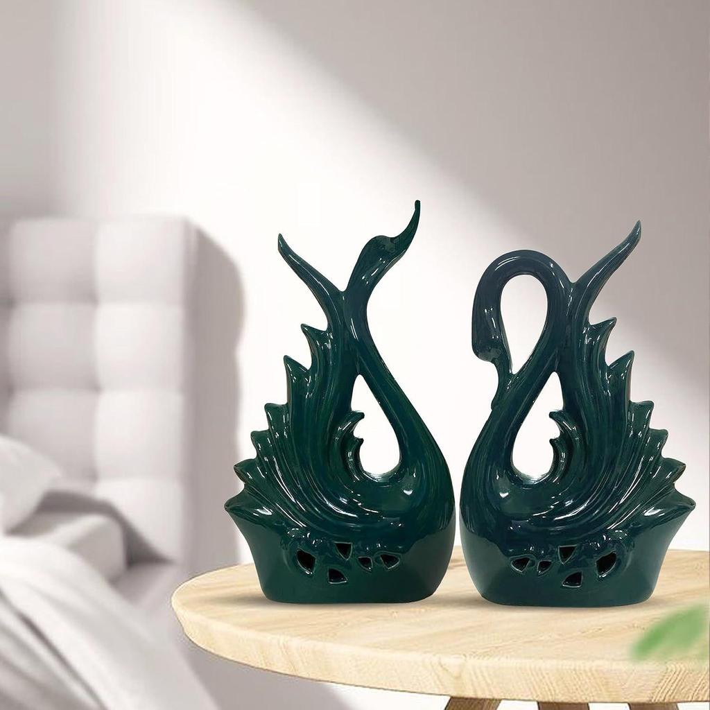 Modern Elite Swan Pair Ceramic Art Figurine | Beautiful Home Decor (Pack of 2, Green)