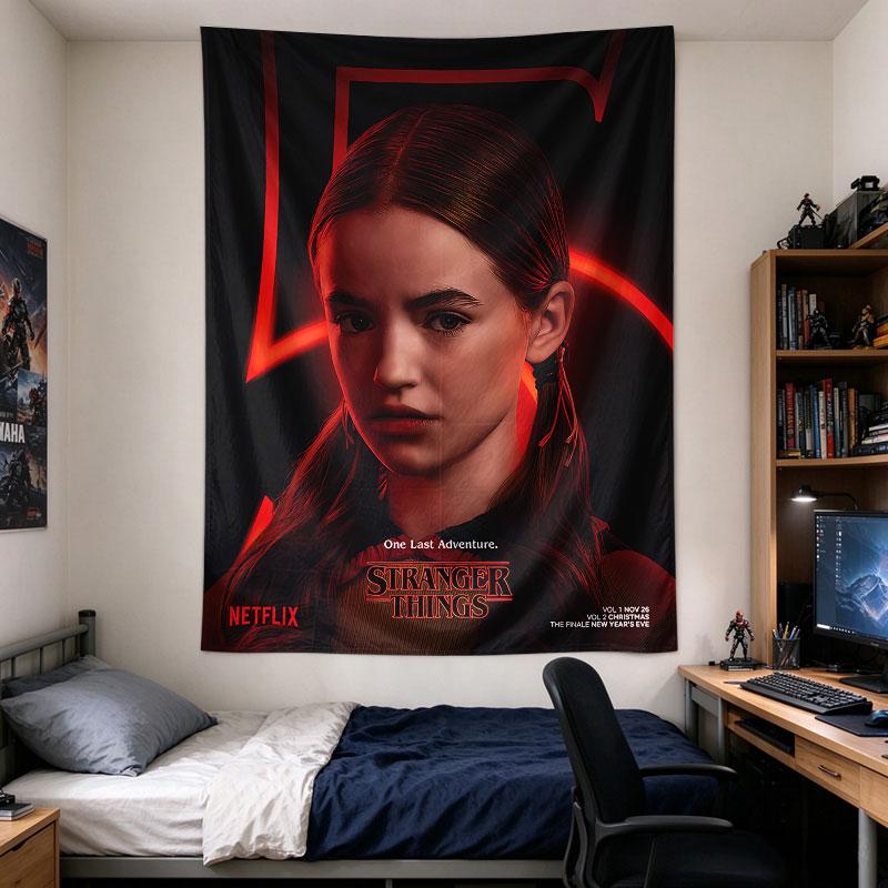 Stranger Things neon, red-toned of a girl's face lit by glowing strings, ONE LAST ADVENTURE text, Netflix series graphic, wall hanging