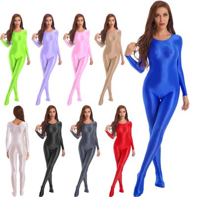 Glänzender Langarm-Overall für Damen, solider Stretch-Body, Strampler, Clubwear