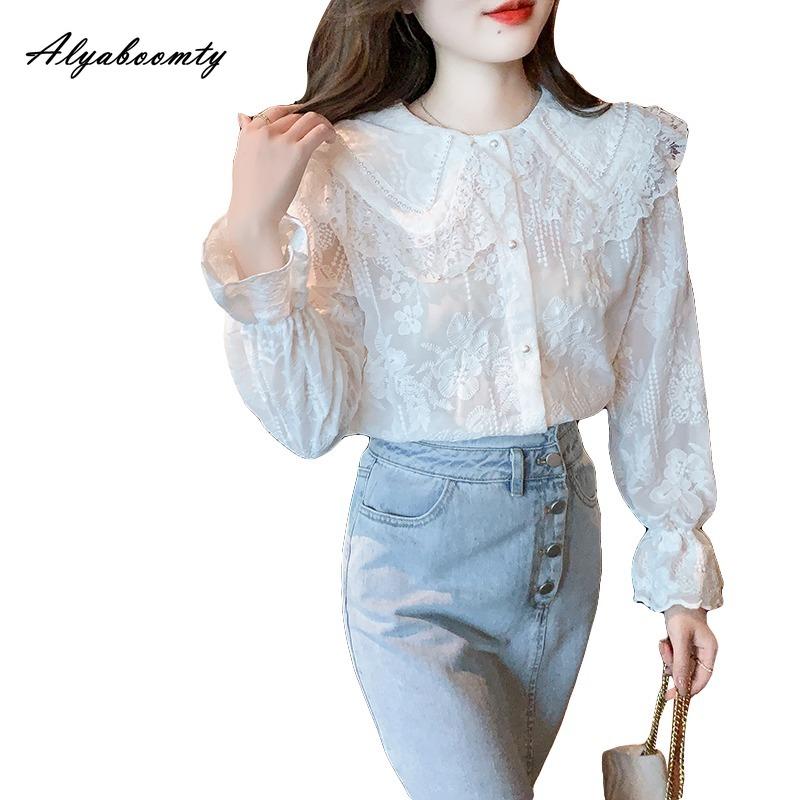 2025 French Style Spring Autumn Women Lace Blouse Peter Pan Collar Beading Floral Ruffles Shirt Elegant Feminine Ladies' Chic Blouse