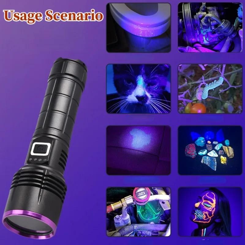 Leistungsstarke UV-Taschenlampe 365nm Wasserdicht Schwarzer Spiegel Lila Licht Detektion Taschenlampen-Typ C Wiederaufladbare Ultraviolettlampe