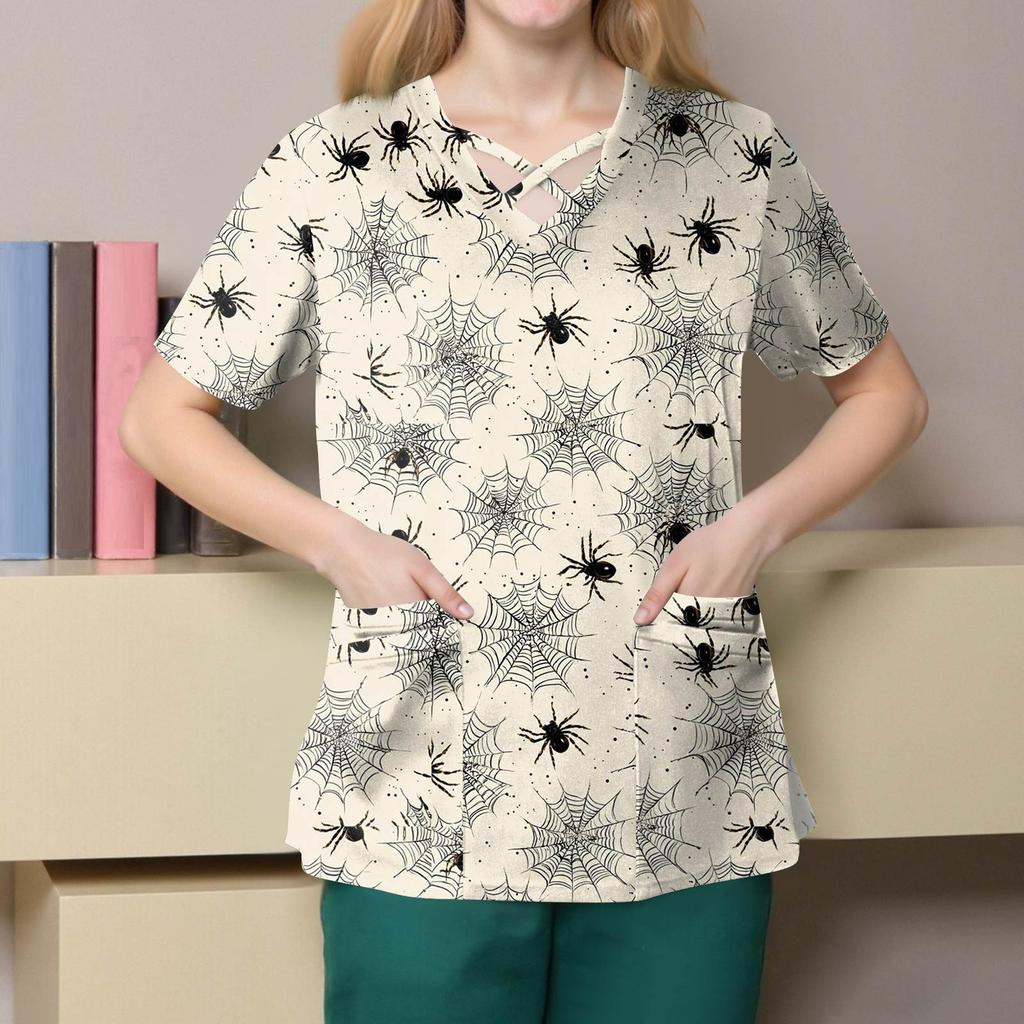 Women's Fashion  V-Neck Short Sleeve Overalls Double Pocket Halloween Printed Tops  Apparel