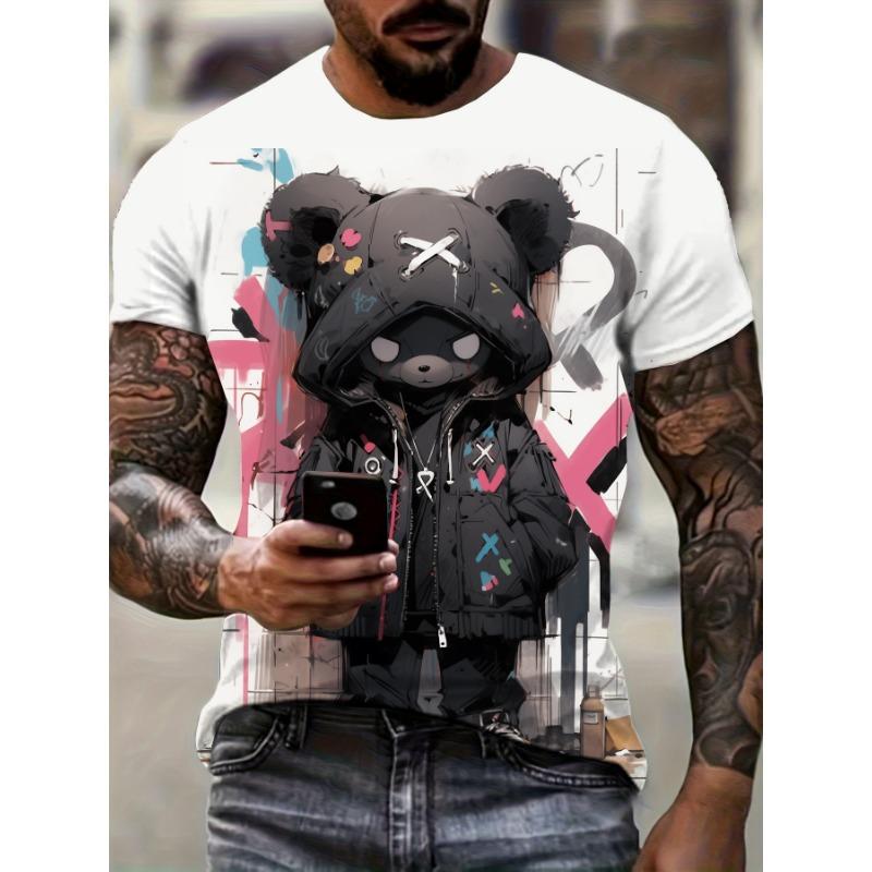 Men's casual fashion T-shirt 3D printing anime bear pattern printed T-shirt for summer daily outdoor street cool wear