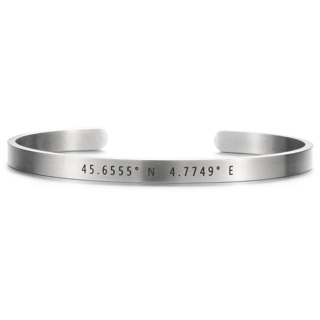 5Mm Customized Personalized Brushed Matte Stainless Steel Laser Engrave Coordinates For Women Bracelets Adjustable Cuff BanglesTrendy Cuff