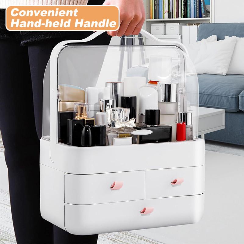Large Capacity White/Pink Cosmetic Organizer with Transparent Drawers, Elegant Plastic Jewelry Storage Box for Desktop Vanity