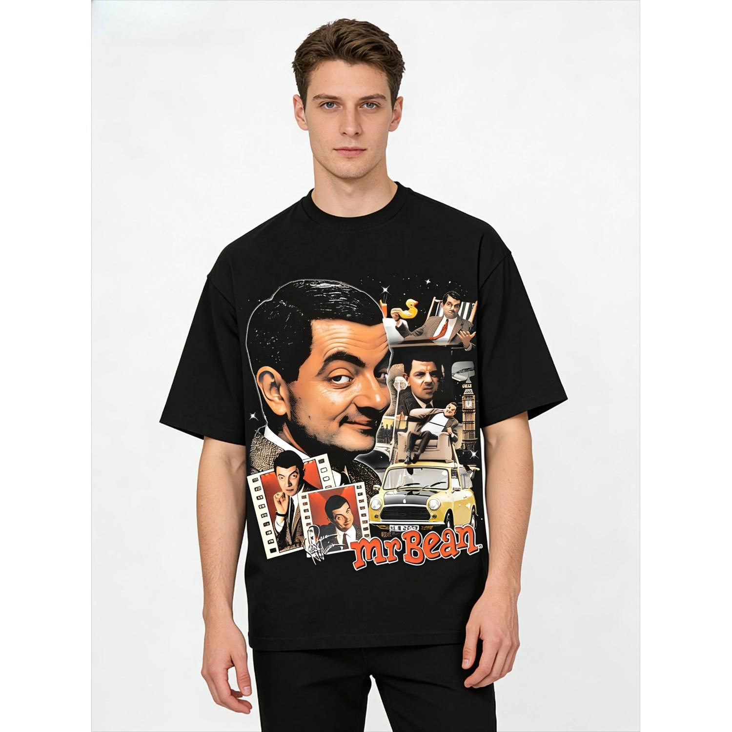 

Весна_Лето 2026 Футболка с коротким рукавом и V-образным вырезом из чистого хлопка с принтом Мистера Бина, комика, с эффектом потертости S чёрный