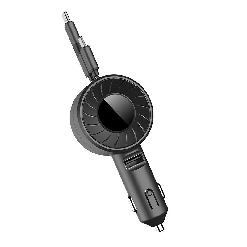 Dual USB Fast Car Charger with Retractable Cable for Huawei and Apple Devices