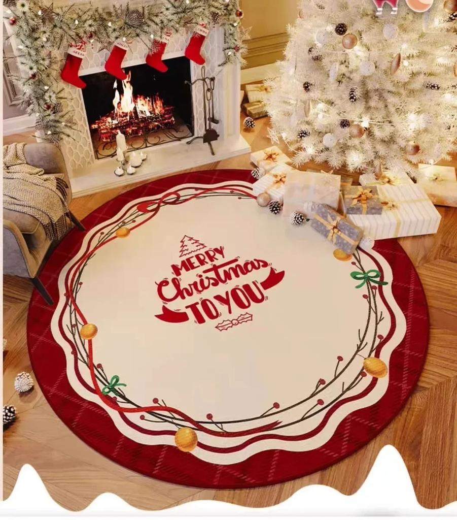 Christmas Round Carpet Living Room Bedroom Mat Festive Red Festive Atmosphere Decorated Christmas Tree Home Decoration
