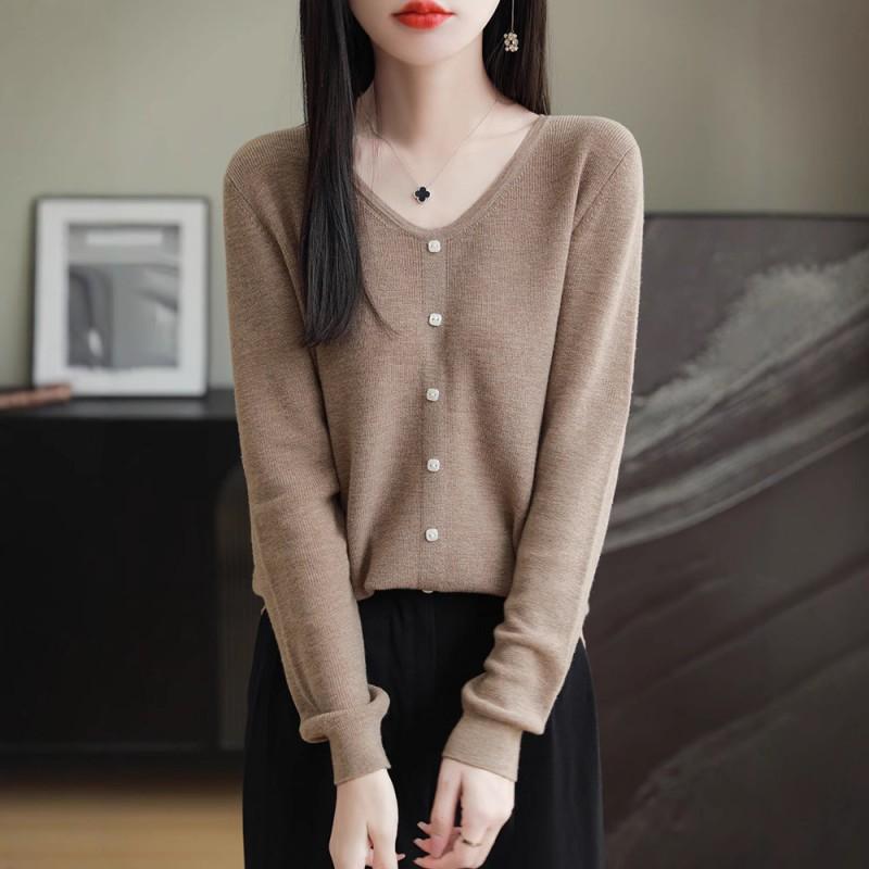 Womens 100 Merino Wool Cardigan V Neck Single Button Solid Color Loose Casual Top