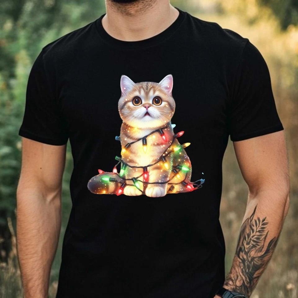 Mens Surprised Christmas Cat Theme Cotton T-Shirt Size XS To 5XL-