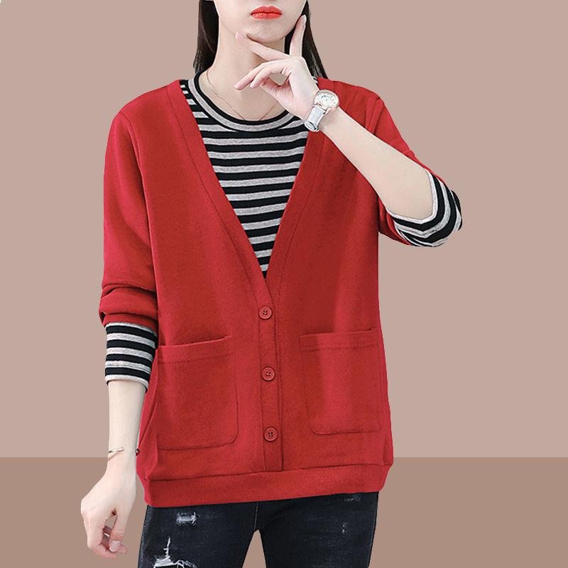 Women's Spring Autumn New Korean Style Fake Two Piece Crew Neck Hoodie Casual Versatile Loose Fashion Slim Fit Long Sleeve Top