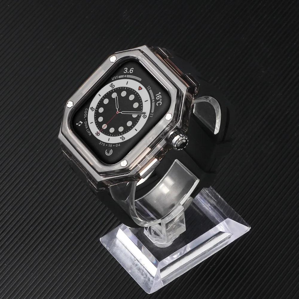 Silicone Strap+ Transparent Case for Apple Watch ultra2 49mm 44mm 45mm Sport Band Bezel for iwatch series 9 8 7 SE 6 5 4 Mod Kit