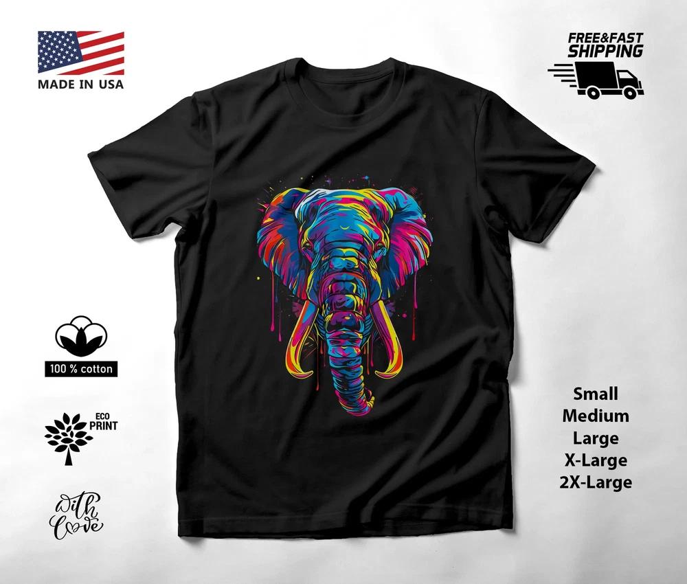 Elephant Portrait Neon Graphic T-Shirt Black Unisex S-2XL