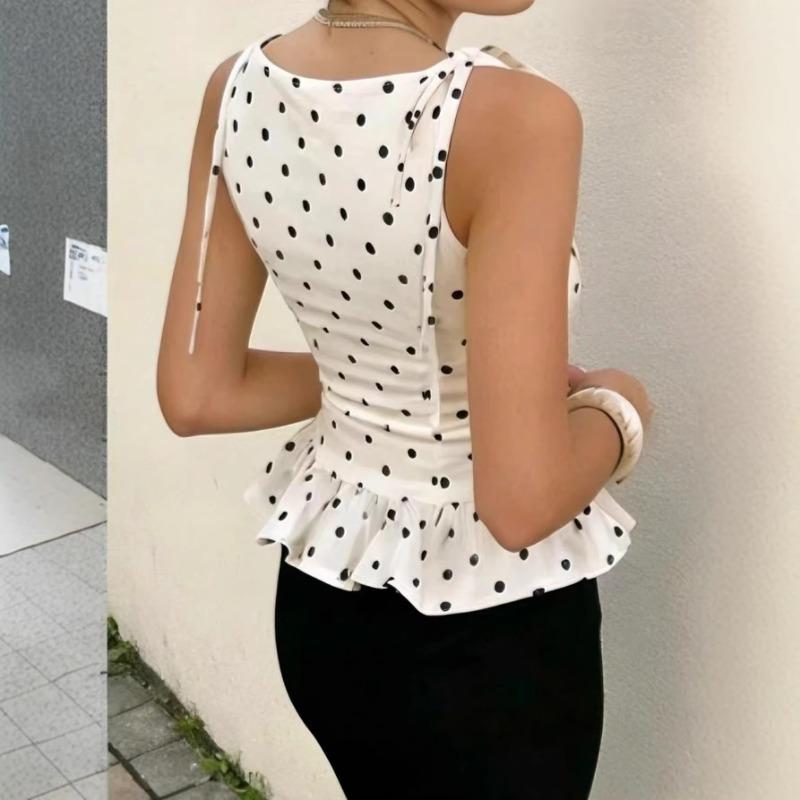 Top de Tirantes de Lunares para Mujer con Dobladillo Fruncido Sin Mangas Casual Ajustado Delgado Blusa