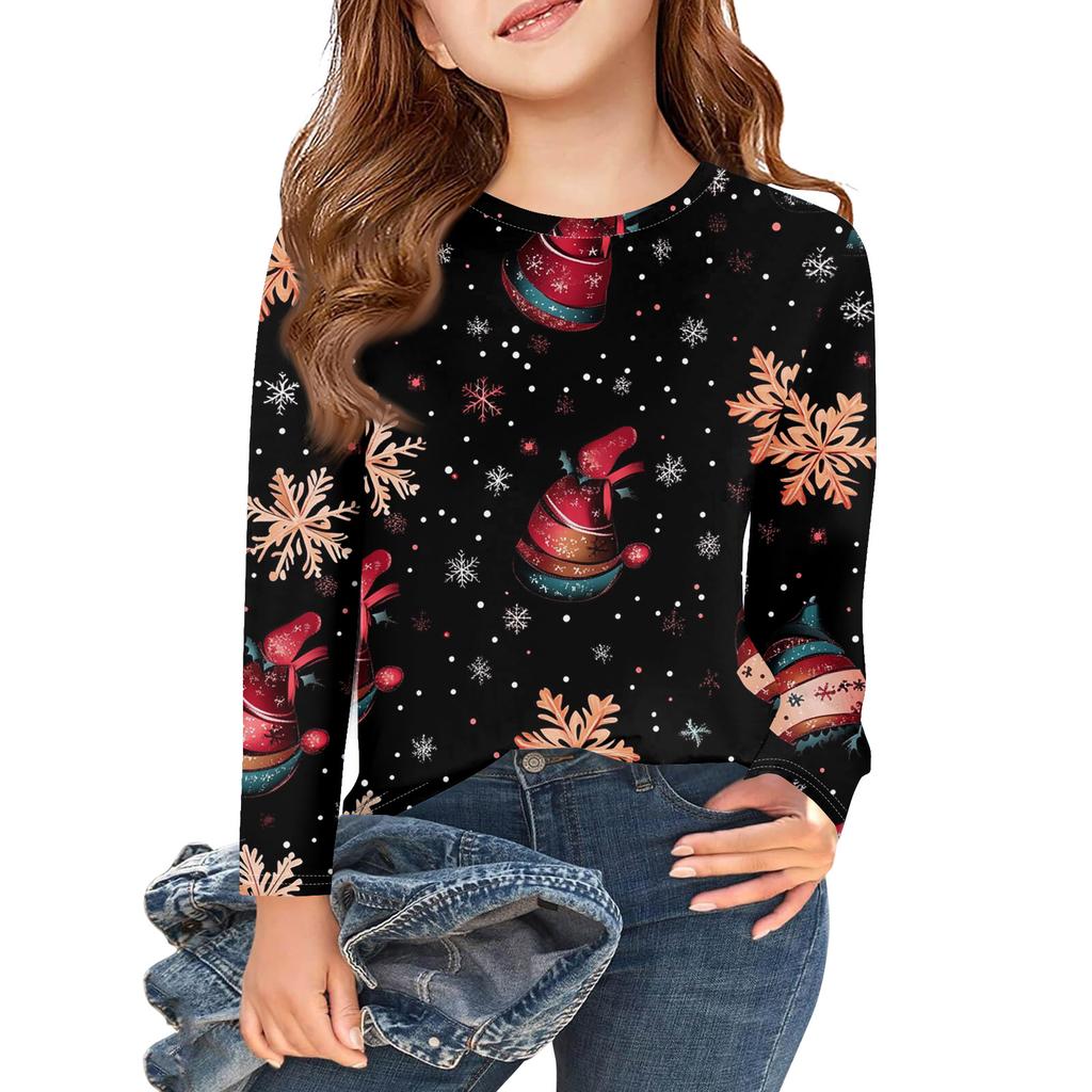 Christmas Day Girls Long Sleeve T Shirts Kids Fall Tops Crewneck Printed Basic Tees