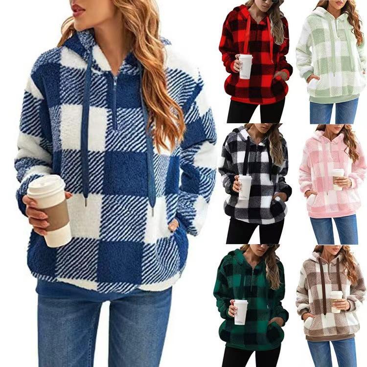 Plush Jacket, New for Autumn and Winter 2025, Long Sleeved Hooded Jacket, Plaid, Plush Women's Clothing, Hoodie, Warm Top, Multiple Colors