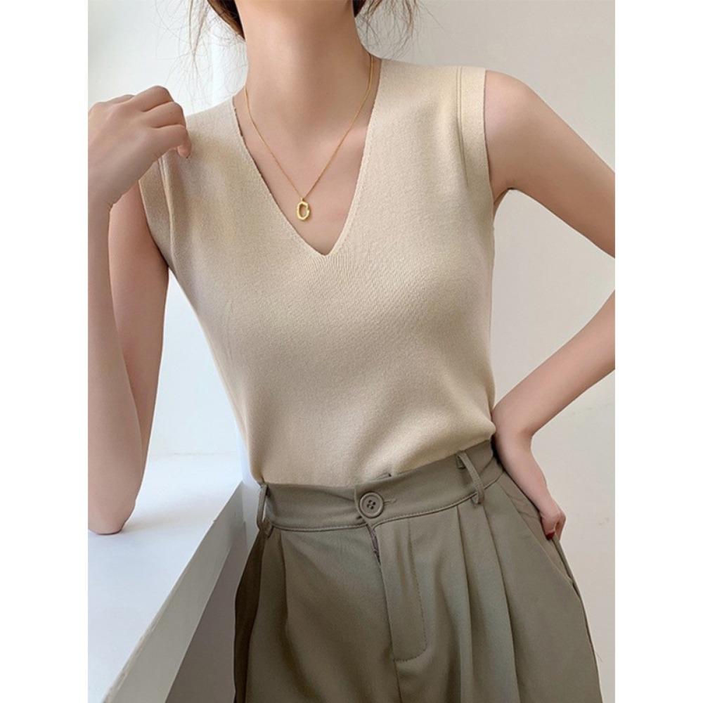 V Neck Tank Top Stripe Knit Halter Crop Tops Women Summer Camis Chest Pad Camisole Fashion Casual Tube Female Sleeveless Cropped Vest