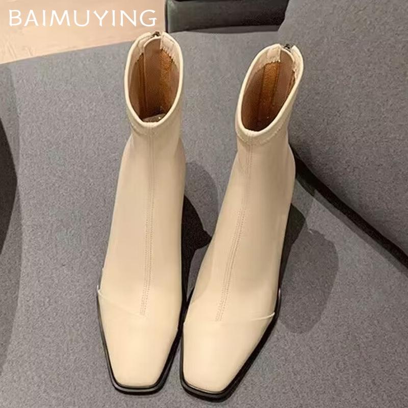 Botines Invierno Zapatos Mujer Cuero Puntera Cuadrada Tacones Altos Zapatos Sexy Tendencia 2025 Moda Zapatos Gruesos Góticos Chelea Botas Mujer