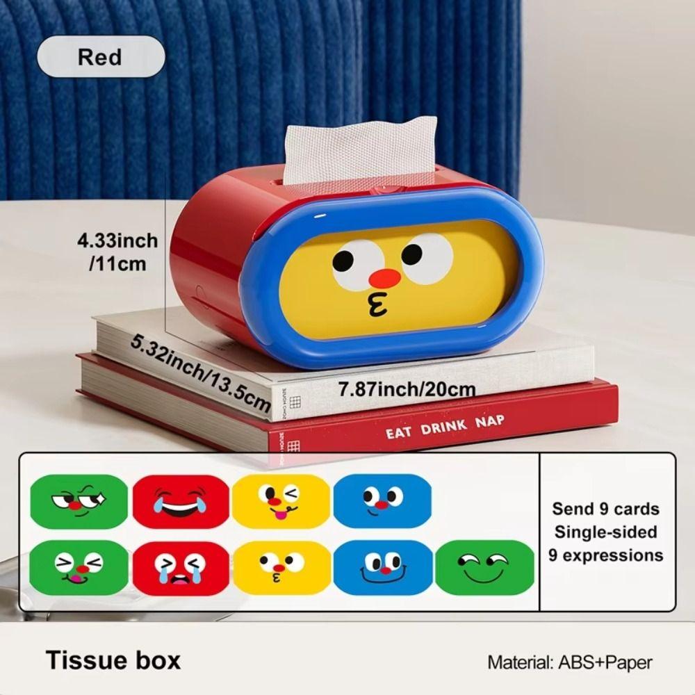 Large-Capacity Cartoon Tissue Box Pull-Out Design Interchangeable Expression Desktop Tissue Case Built-in Spring Space-saving
