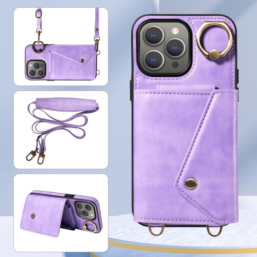 For iPhone 15 Series.for iPhone 15,15 Plus,15 Pro,15 Pro Max Shoulder Strap Rope Ring Bracket Design Card Holder Slots Lichee Pattern Cover Phone Case