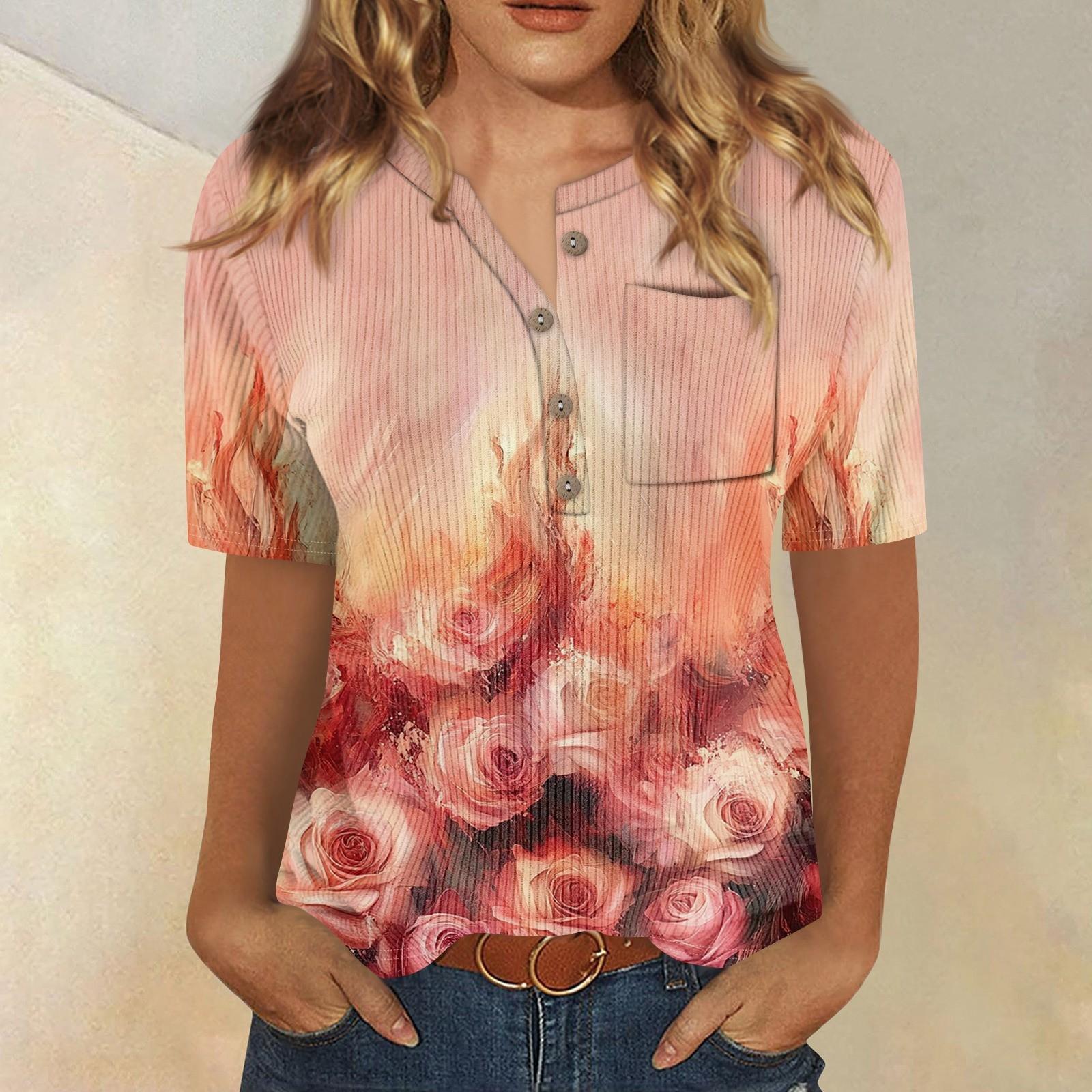 

Футболки для женщин, плиссированные, с V-образным вырезом, нарядные, повседневные блузки с принтом, короткие рукава, летние топы, свободный крой S красный