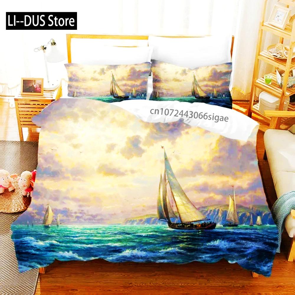 SailBoat Sea Bedding Set Ocean Sunset Scenery Duvet Cover Pillowcases Twin Full Queen King Size For Boys Adult Gift Bed Linen