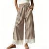 Women's Cotton Striped Wide Leg Pants, Length Loose Fit Casual Pull- with Elastic Waist and Lace Trim