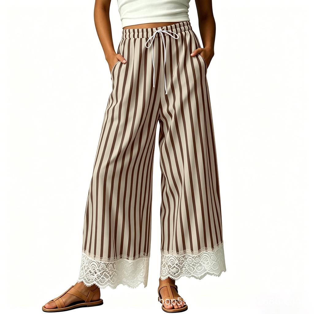 Women's Cotton Striped Wide Leg Pants, Length Loose Fit Casual Pull- with Elastic Waist and Lace Trim
