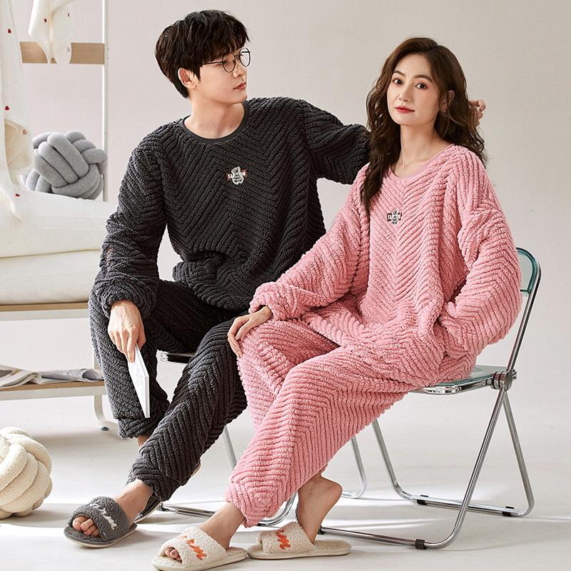 Couples' Cozy Flannel Pajama Set: Women's Plus Velvet, Men's Loose Fit, Warm Coral Fleece Homewear