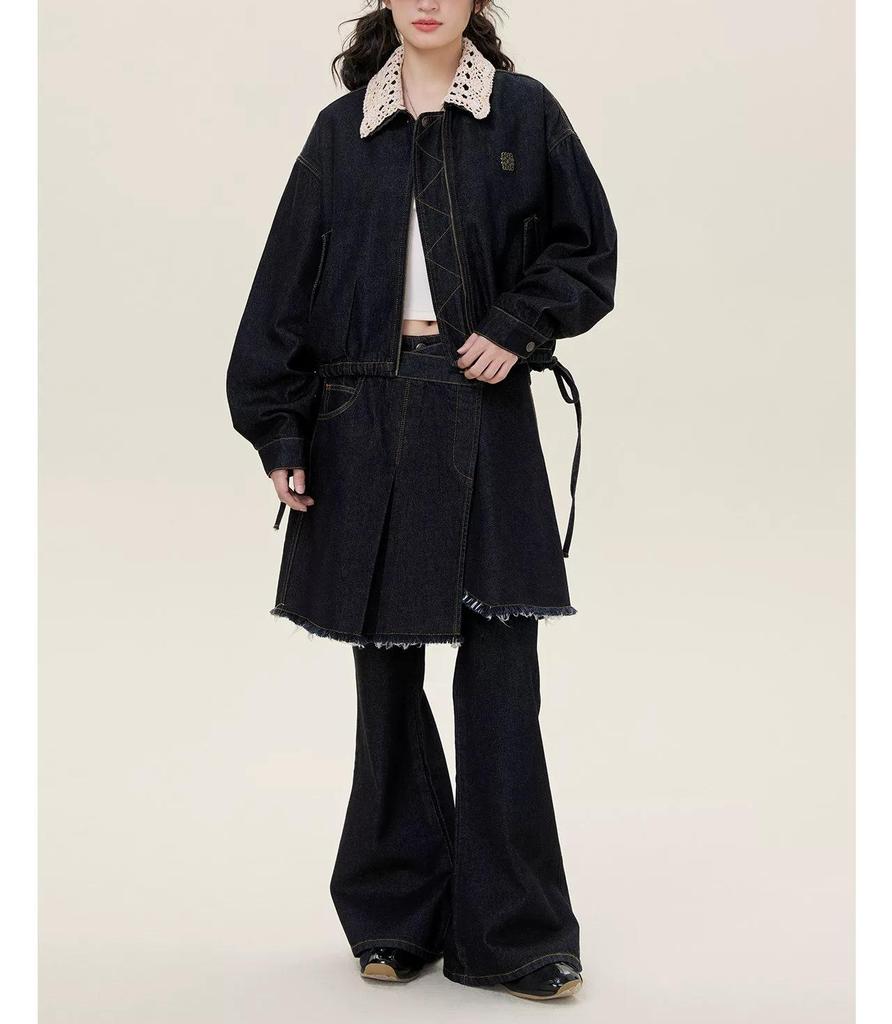 In Stock: Romantic Lace Denim Jacket with Detachable Knit Collar and Bud Hem - Girlish Style for Autumn