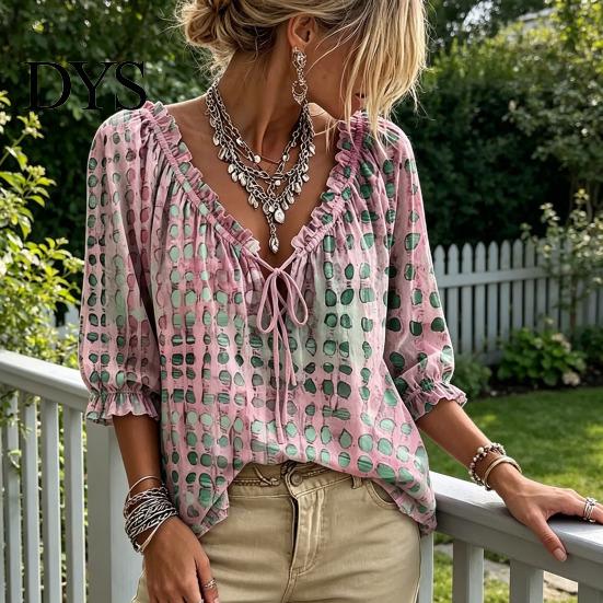 Dreiviertel Puffärmel Oberteil Damen Sommer Lässig Hemd, V-Ausschnitt Schnürung 3/4 Bluse, Kariert Boho Locker Bluse Druck Fließende Oberteile, Leicht Atmungsaktiv