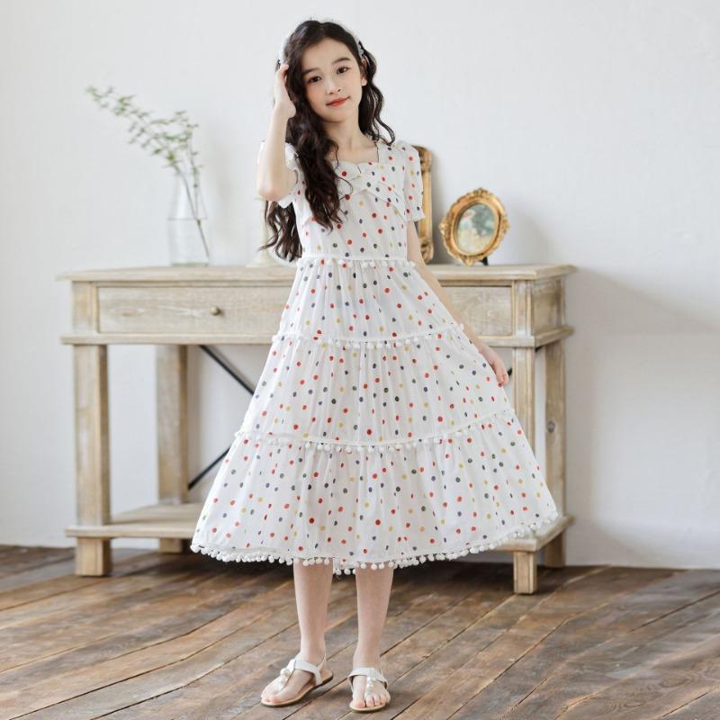 Kids Big Girls Korean Style Polka Dot Short Sleeve Fringe Hem Long Princess Dress