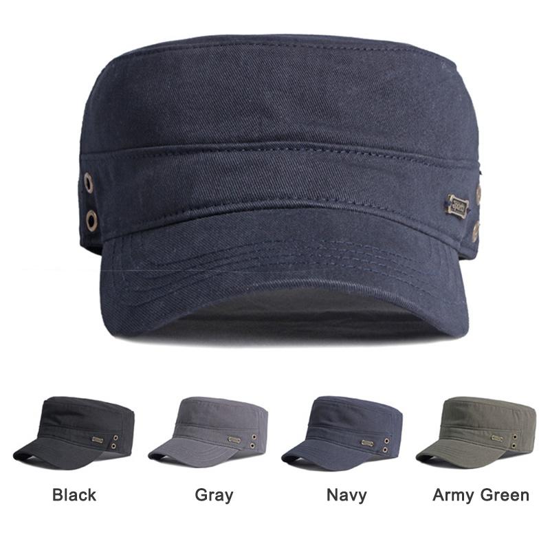 [Casual Military Hats For Men Cotton Flat Top Army Caps Women Solid Color Black Sun Hat Metal Tag Visor Curved Brim Adjustable