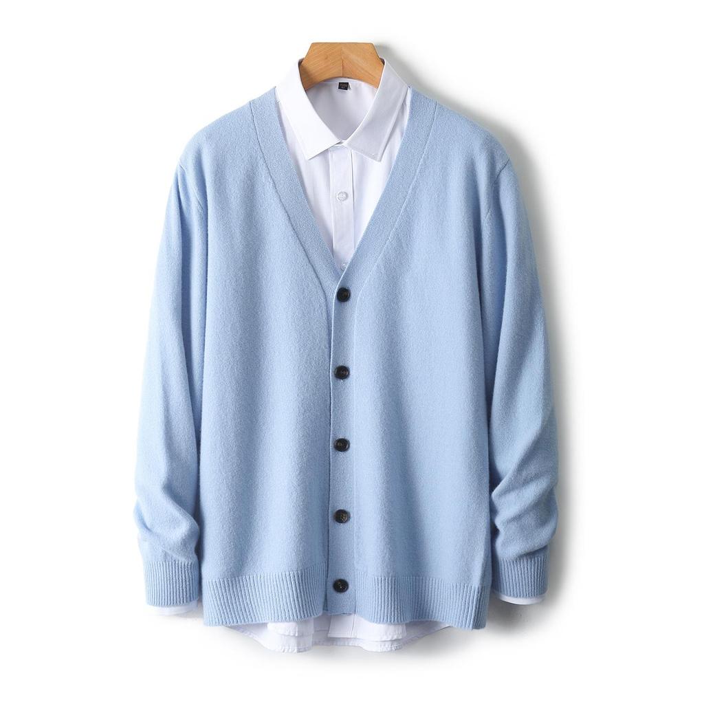 Men's V-neck Wool Cardigan: Autumn/Winter Business Casual Solid Color Long Sleeve, Warm Loose Knit Outerwear.