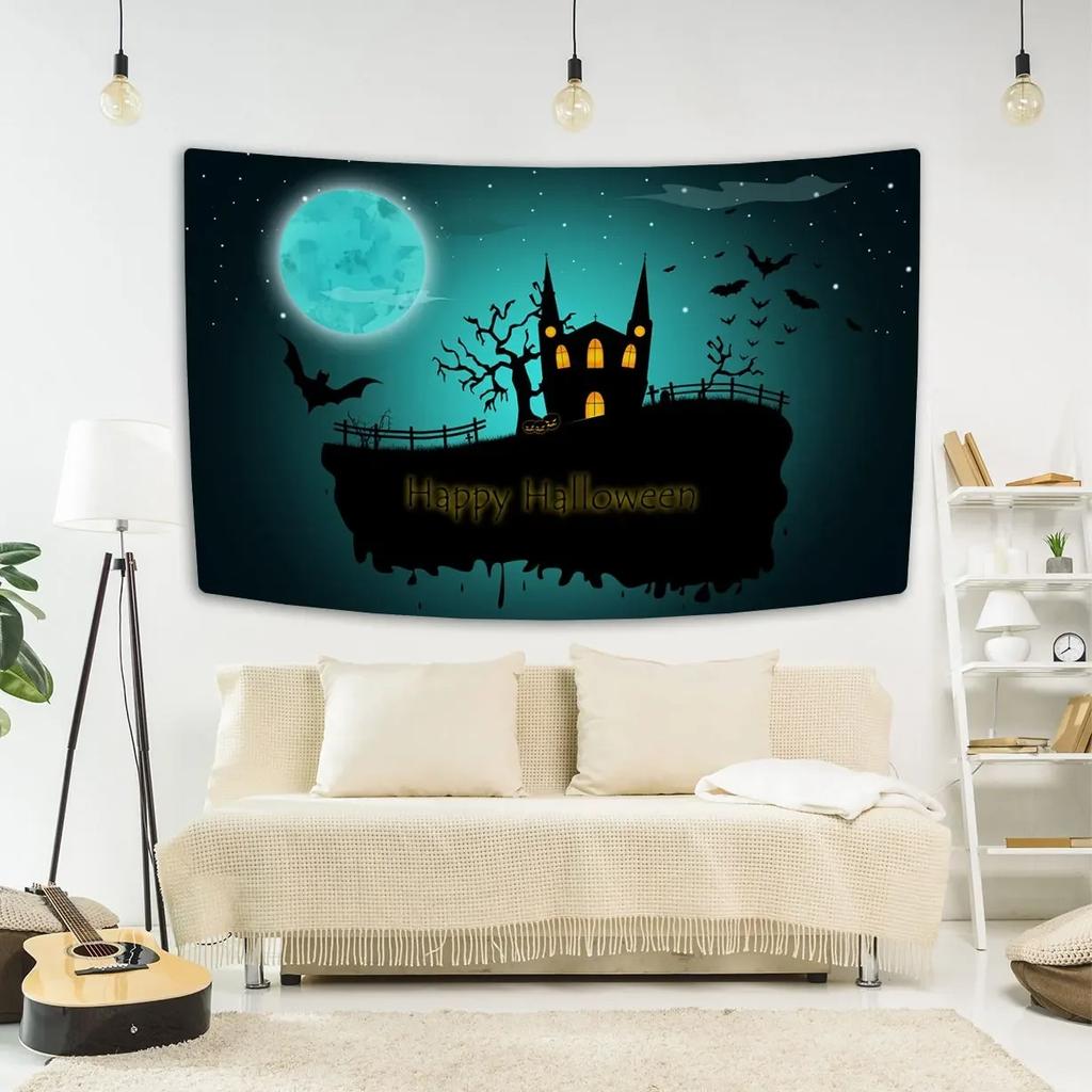 Happy Halloween Decorative Tapestry Bat Pumpkin Print Wall Hanging Carpet Party Background Fabric Home Room Decoration
