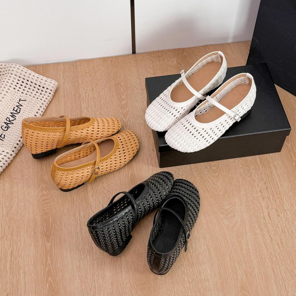 Ballerinas Damenmode Runde Zehen Schnalle Slipper Atmungsaktiv Retro Gewebt Hohl Damen Freizeit Mary Jane Schuhe