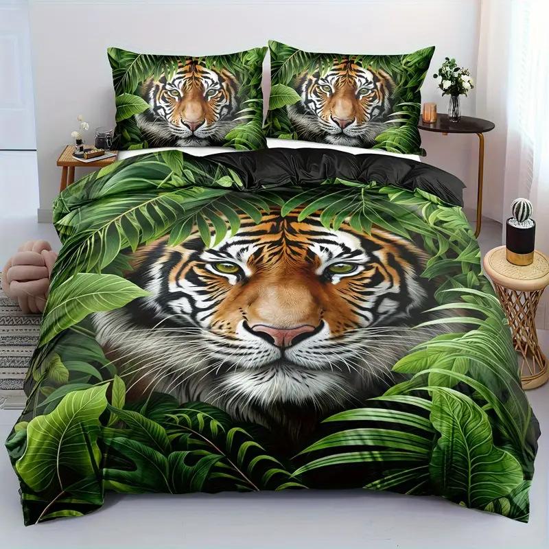 Duvet Cover, Tiger Tropical Plant Kit, Three-Piece Set, Bedding, All-Season Quilt Cover