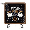 Autumn Festive Decor Halloween Wooden Table Sign, Cute Ghost Boo Plaque Sign with Rustic Fall Bathroom Metal Stand for Indoor Desk Shelf Home