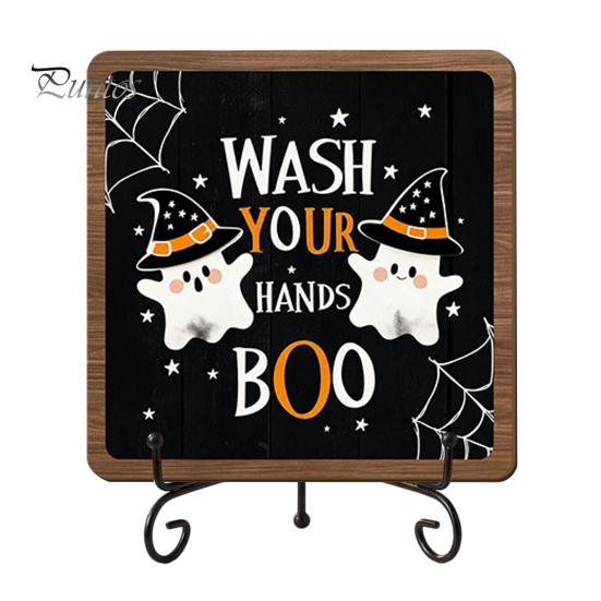 Autumn Festive Decor Halloween Wooden Table Sign, Cute Ghost Boo Plaque Sign with Rustic Fall Bathroom Metal Stand for Indoor Desk Shelf Home