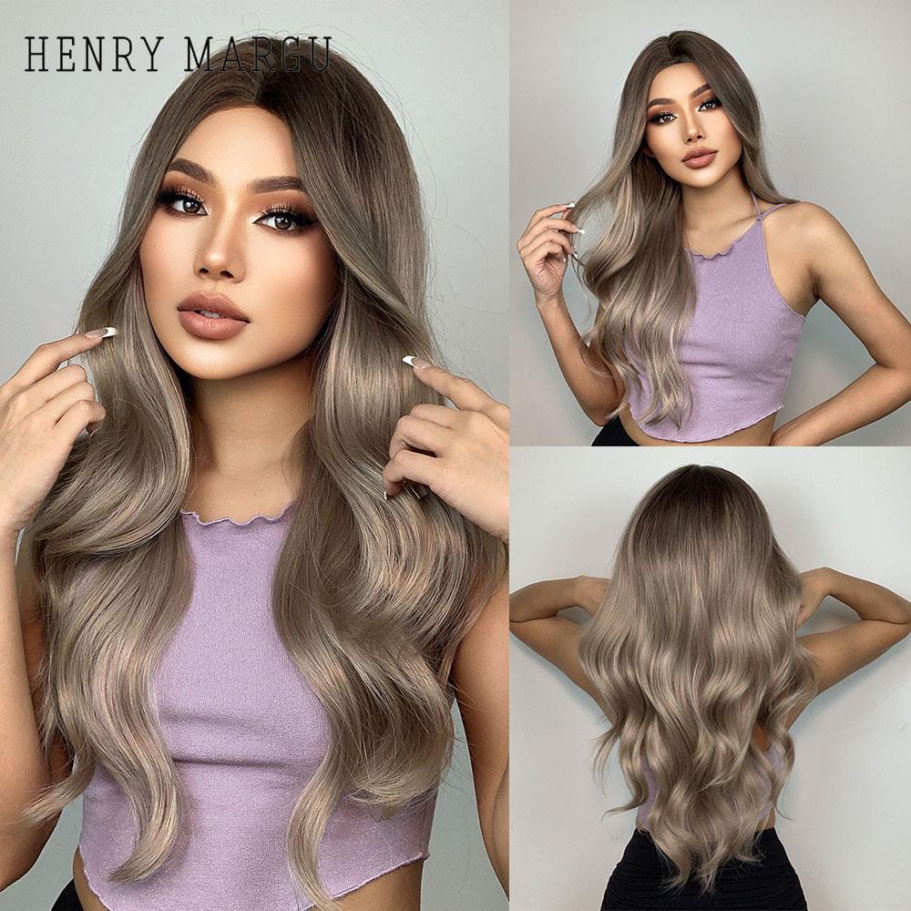 HENRY MARGU Dlouhá střední část Vlnitá syntetická paruka pro ženy Ombre Šedá Světle popelavá Blond Paruky Tmavé kořeny Umělé vlasy při vysoké teplotě