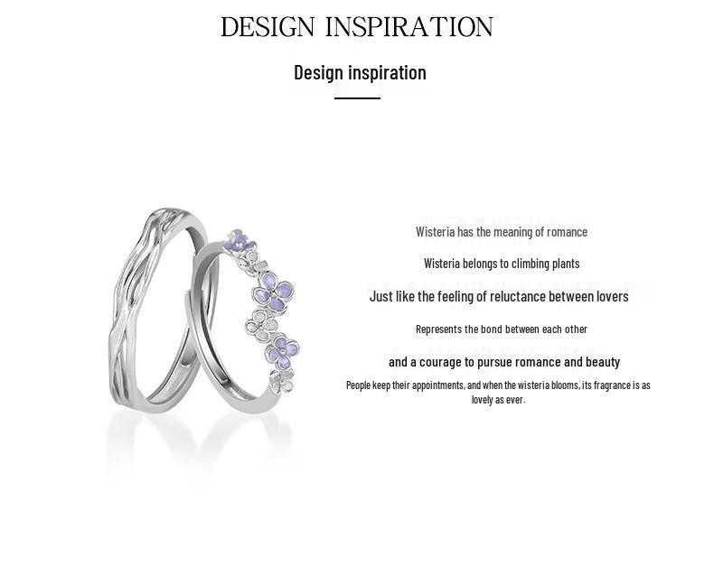 Wisteria S925 Sterling Silver Couple Rings with Mori Style Epoxy Design - Elegant and Unique Pair