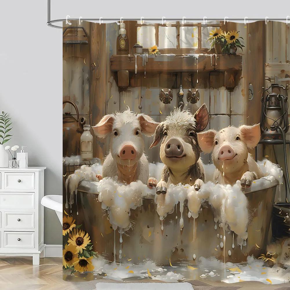 Farm Animals Shower Curtain Funny Pig Sheep Donkey Shower Cartoon Rustic Barn Polyester Fabric Bathroom Decor Curtain Washable