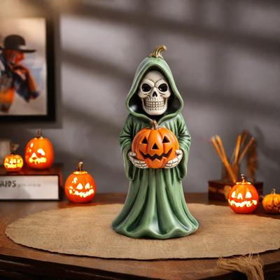 Halloween Skull Pumpkin Figurine Resin Skeleton Holding Pumpkin Statue Spooky Tabletop Ornaments for Indoor Home Decor