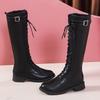 Classic Fashion Black Buckle Strap Women's Boots Winter Lace-Up Shoes Women High-Heeled Women Knee-High Long Tube Zipper Boots