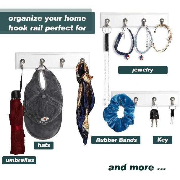 4 Pieces Key Rail Wall Hooks 4 Hooks, Key Holder Hanger for Wall Decorative, Self-Adhesive Towels Key Bag Organizer Rack for Entryway Hallway Kitchen