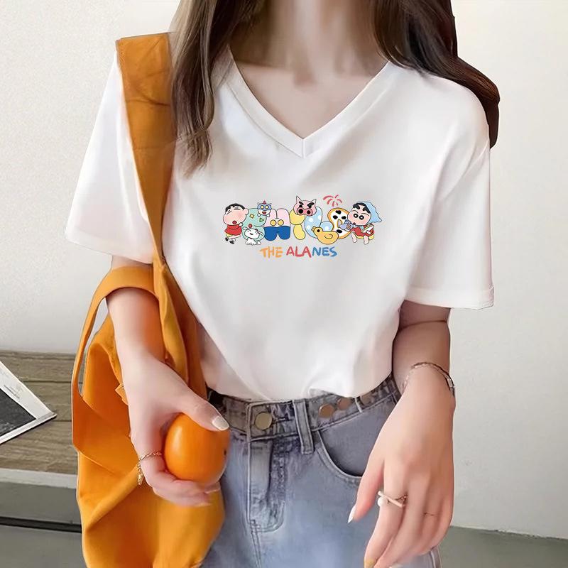 

New shoulder cotton printed short-sleeved t-shirt women s summer new white cartoon top bottoming shirt S