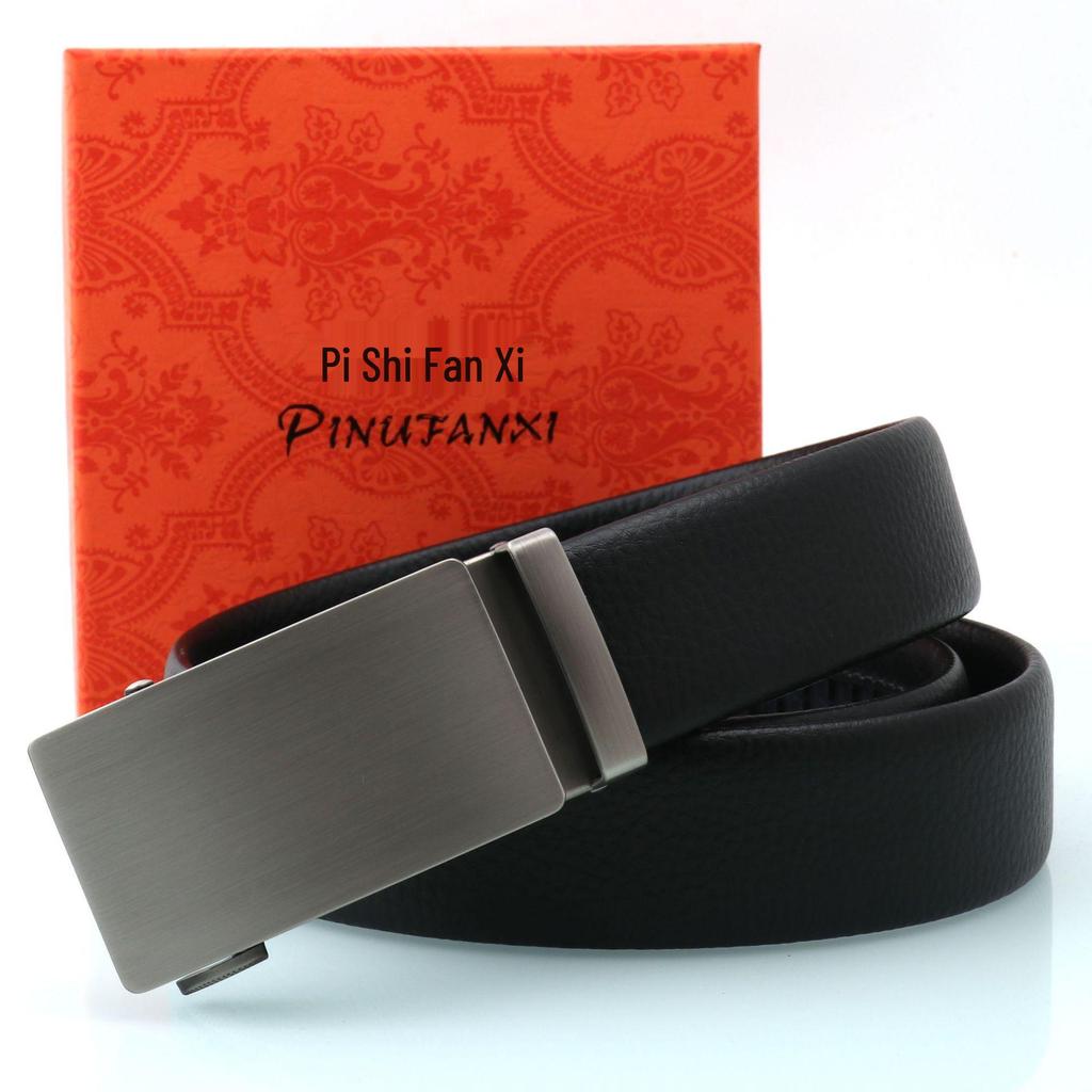 Men's Genuine Leather Belt with Brushed Automatic Buckle and Customizable Laser Logo for Formal Wear