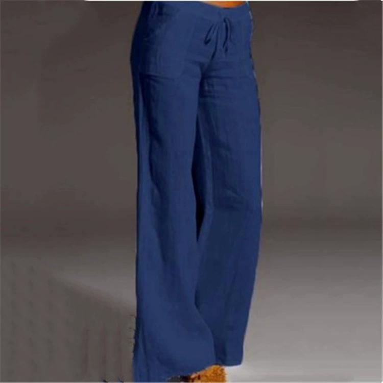 Women Cotton Linen Pants Solid Color Beach Pants Elastic High Waist Wide Leg Yoga Pants