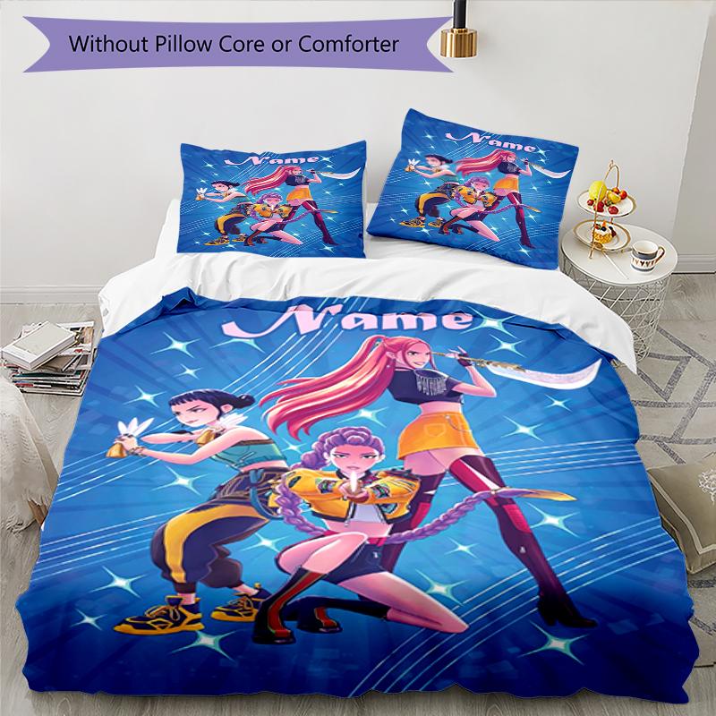 3pcs Custom Name KPop Demon Hunters Bedding Set Duvet Cover Closure Includes 1 Duvet Cover & 2 Pillowcases, Soft and Comfortable for All Seasons.