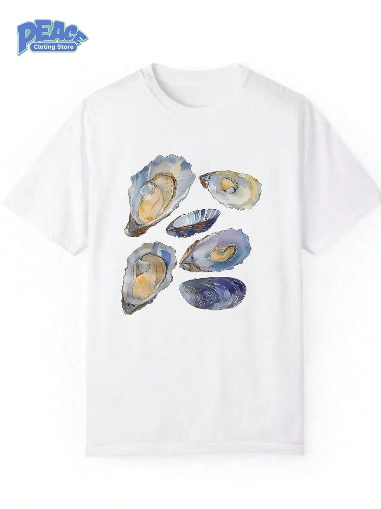 

Retro Shell Pearl Printed Men s and Women s T-shirts Comfy 100% Cotton T-shirt Summer Fashion Casual Short Sleeve Commute Tees 4XL